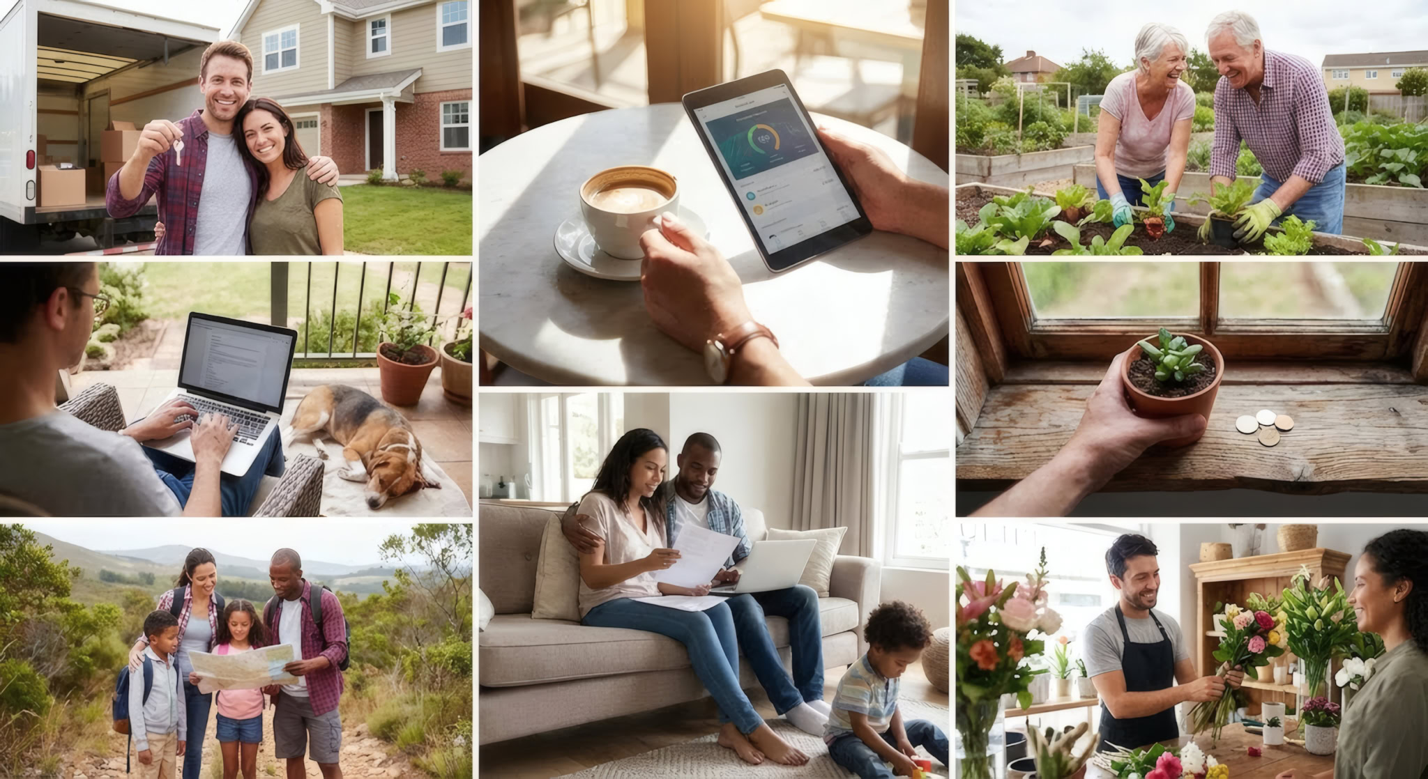 A photo collage illustrating diverse living and working situations, featuring scenes of a couple with new house keys, remote working in a cafe and on a patio, an older couple gardening, growing savings, family life, and a small business owner in a florist shop.