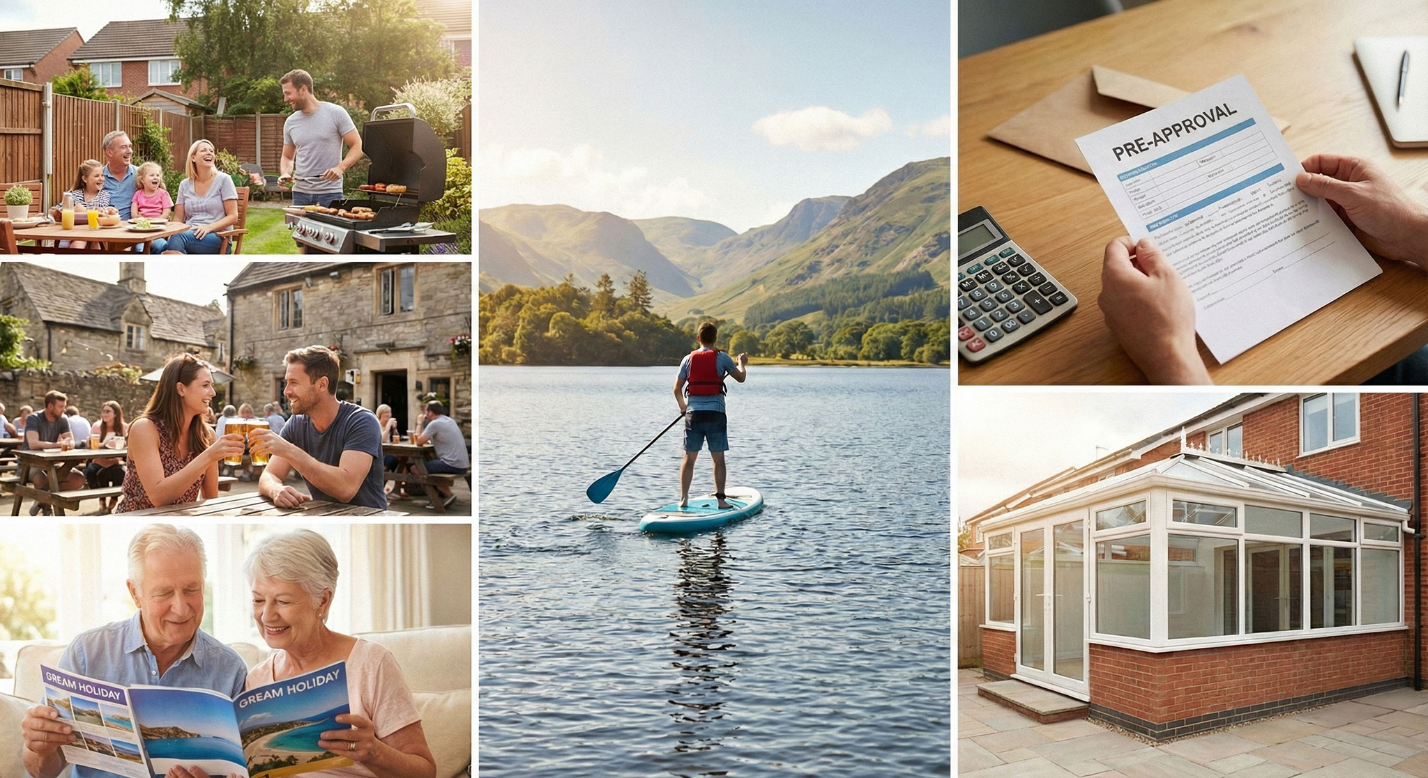 A six-panel masonry photo collage featuring scenes related to summer and finances in the UK. Top left: A family of four enjoys a barbecue in a backyard. Middle left: A couple toasts with beer glasses at a stone pub. Bottom left: An older couple smiles while reading a "DREAM HOLIDAY" brochure. Center: A man paddleboards on a calm lake surrounded by hills. Top right: Hands hold a "PRE-APPROVAL" document next to a calculator and envelope. Bottom right: A view of a white conservatory extension on a brick house.