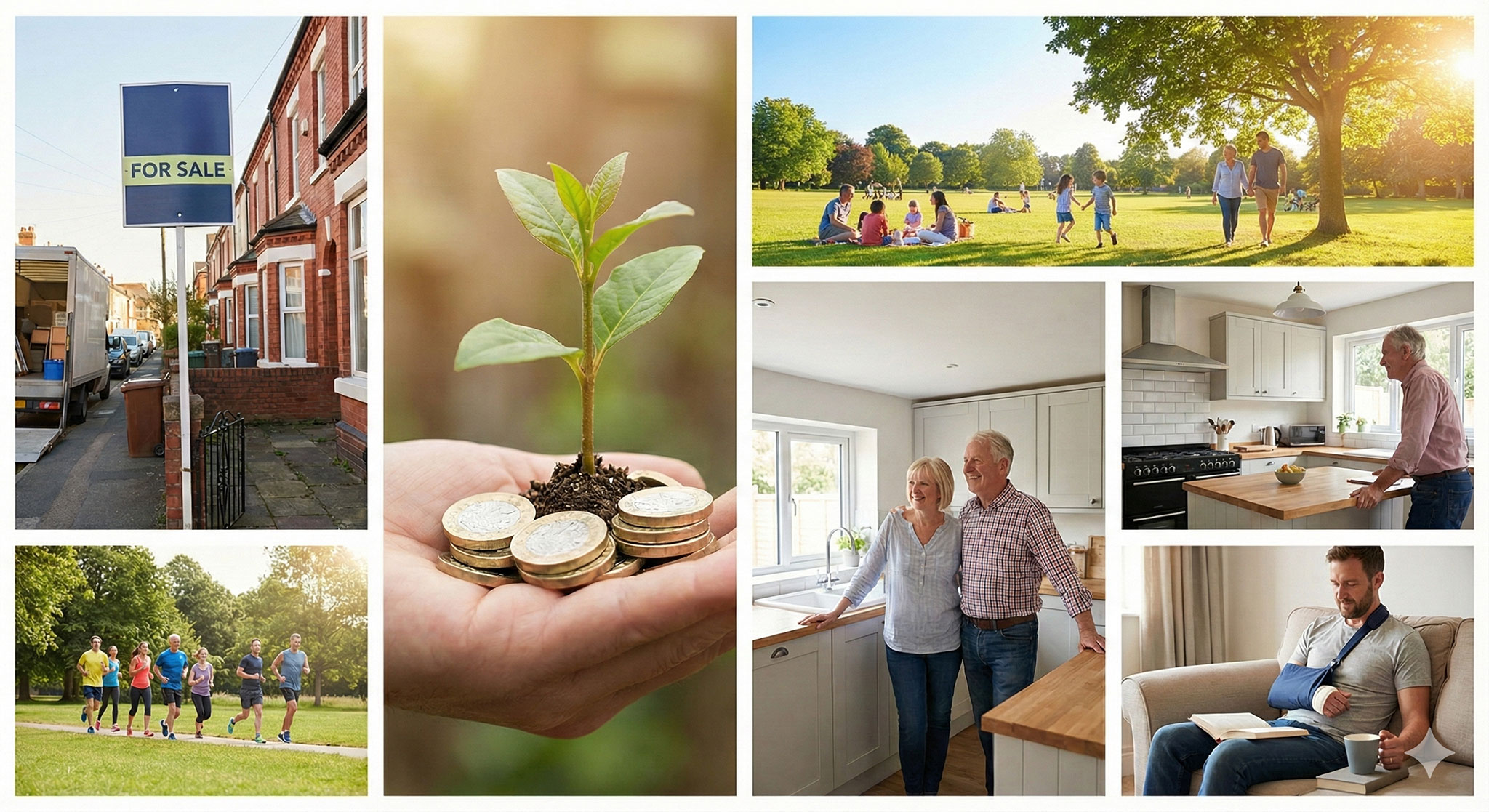 A masonry grid collage illustrating financial themes: a UK 'For Sale' sign outside a red brick terraced house, a seedling growing from a pile of pound coins, a bright sunny garden scene, a mature couple discussing plans in a kitchen, a group of friends jogging in a park, and a man relaxing comfortably on a sofa with a book.