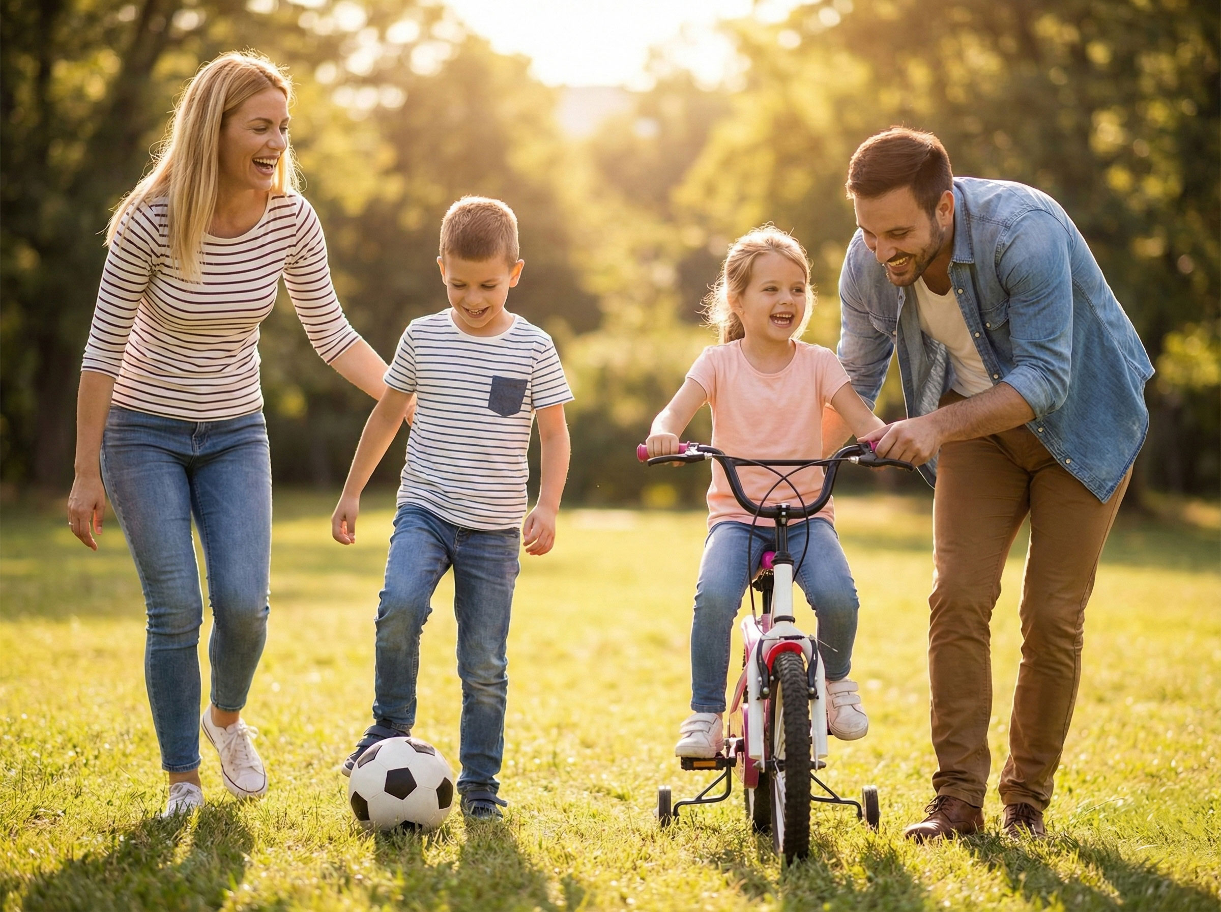 A cheerful family playing together in a sunny park, with the father helping his daughter ride a bike and the son playing football, illustrating the active lifestyle protected by life insurance.