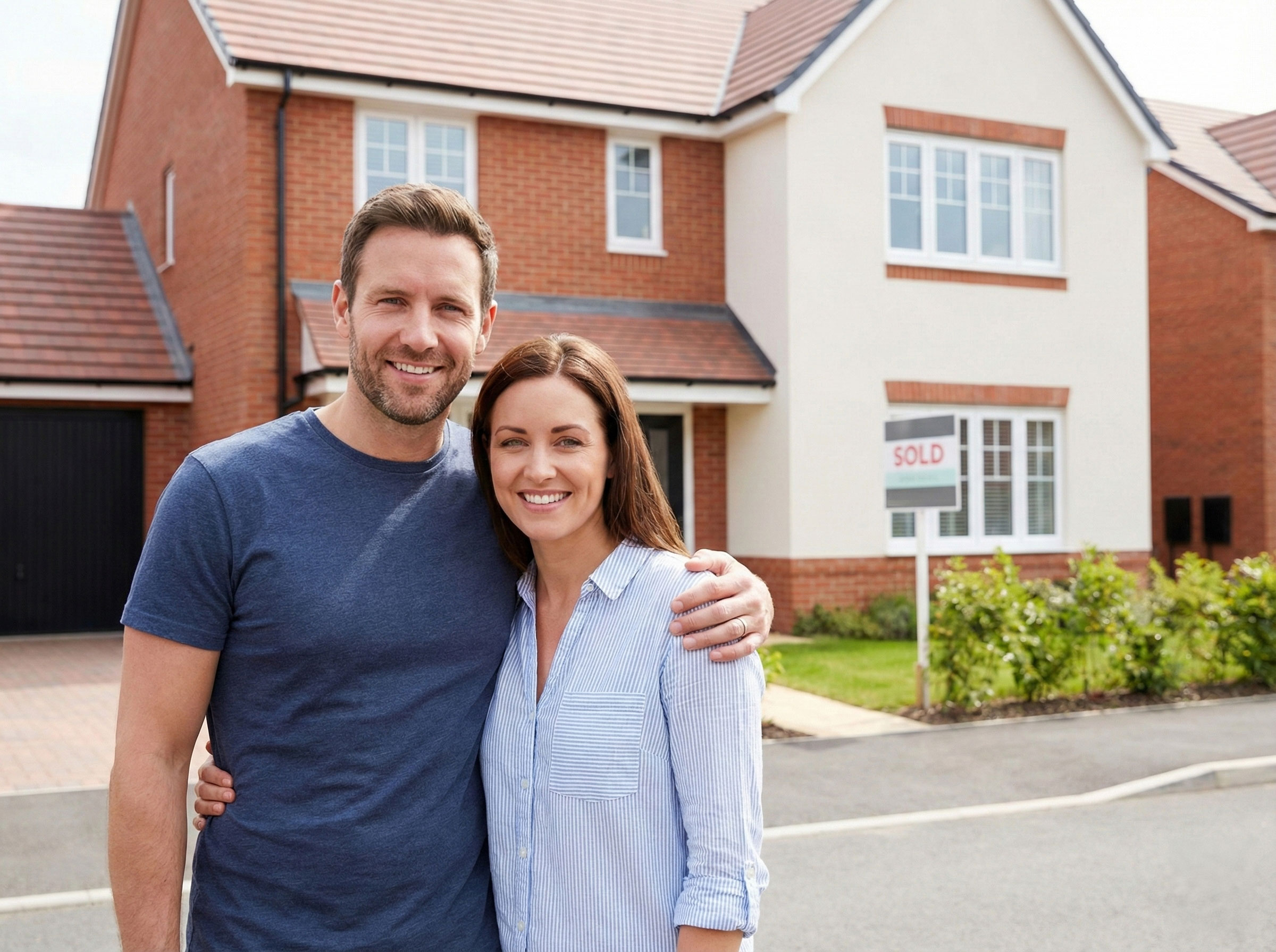 A happy couple standing in front of their new home with a sold sign, representing the peace of mind that comes from having mortgage protection