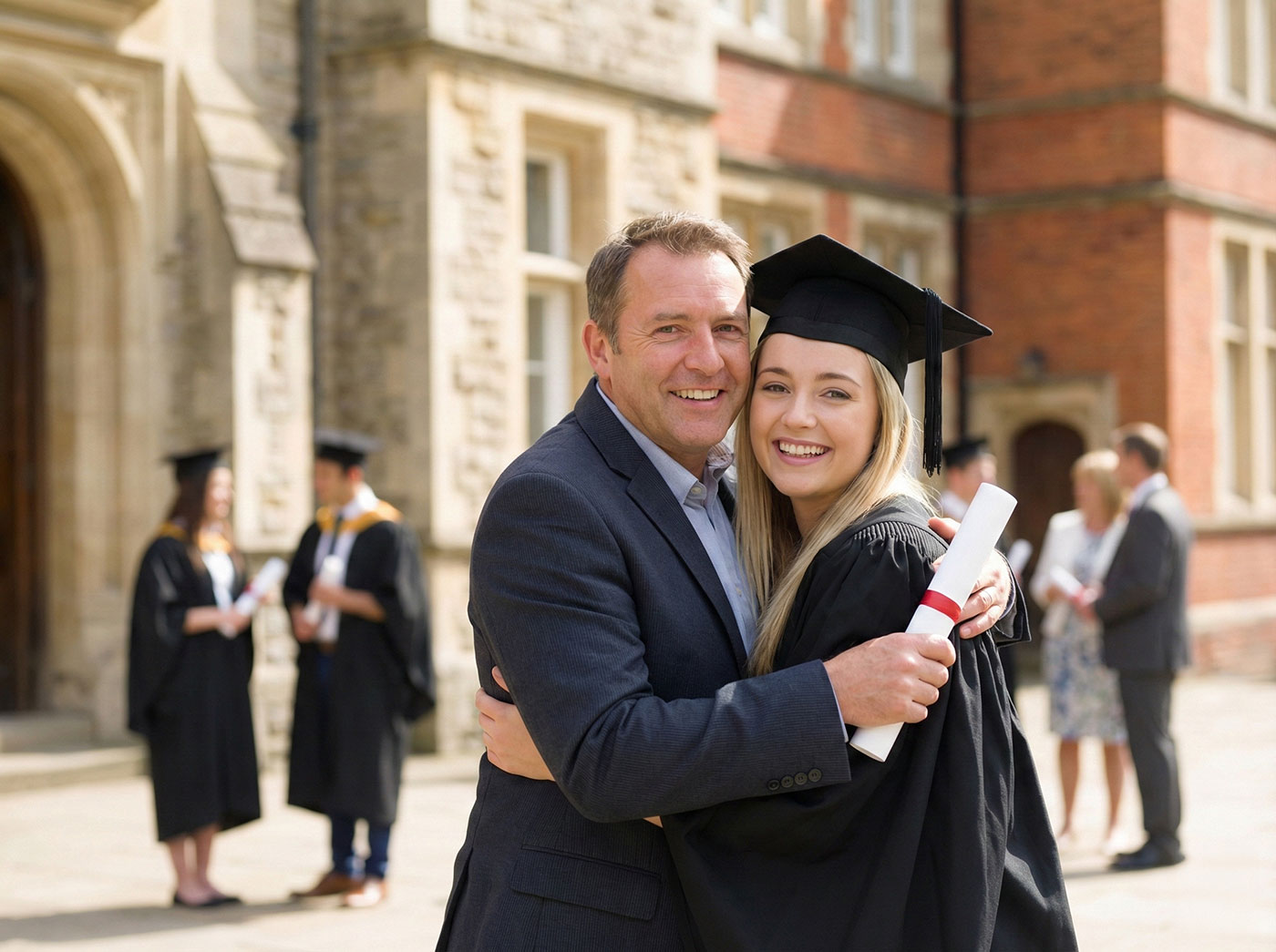 A smiling parent and their young adult child standing outside a university building, symbolizing the long-term financial support for future milestones provided by family income benefit.