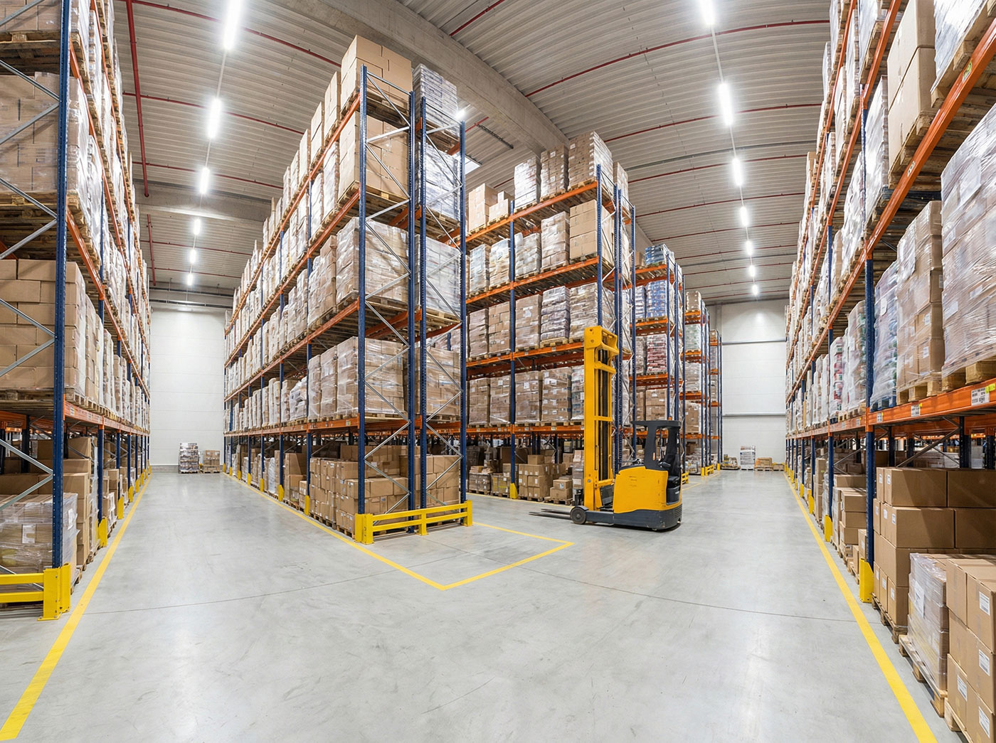 A clean, organized warehouse interior with tall shelving units filled with stock and boxes, representing the valuable business assets secured by commercial contents insurance.