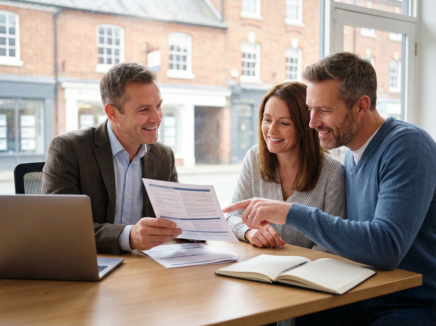 A professional financial advisor guiding a couple through policy documents in a modern office, representing the expert support provided to navigate complex critical illness definitions.
