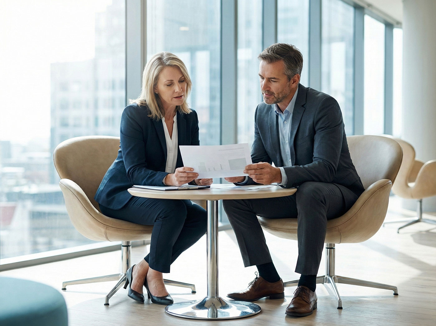 Two senior business professionals reviewing a policy document together in a modern office, symbolizing the strategic financial planning involved in executive income protection