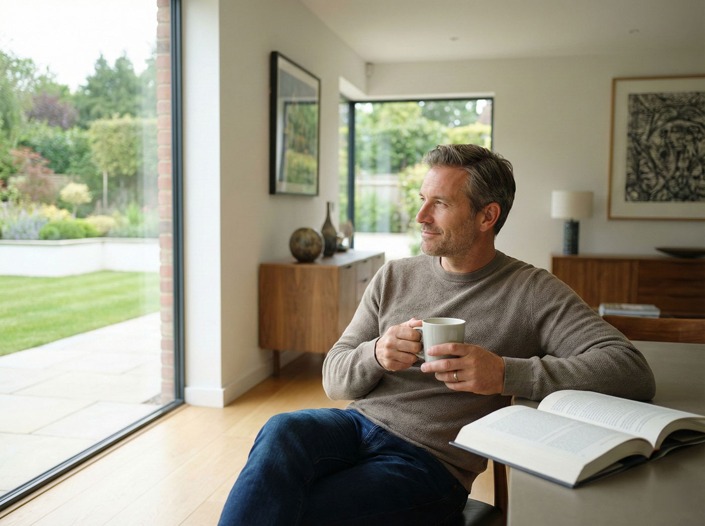 A relaxed professional enjoying a quiet coffee in a peaceful garden setting, representing the personal peace of mind and lifestyle security provided by executive income protection.