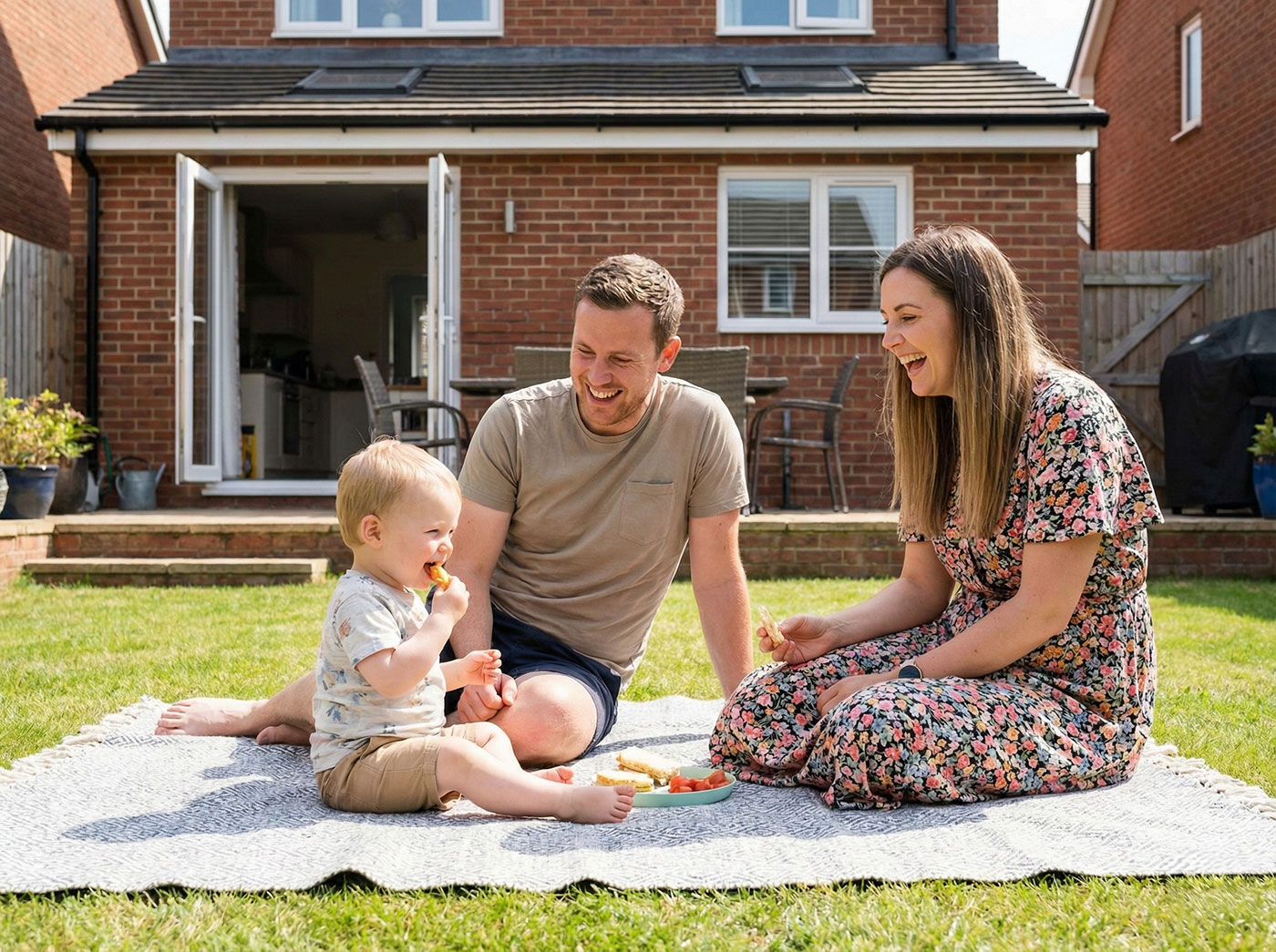 A young couple with their baby smiling together in a cosy UK living room, representing the affordability and security provided by family income benefit.