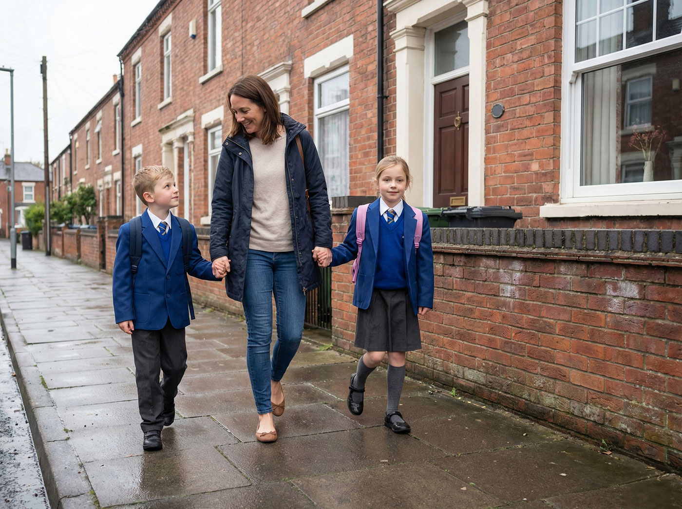 A mother walking her daughter to school in her uniform on a UK street, representing the everyday living costs and education expenses covered by family income benefit.