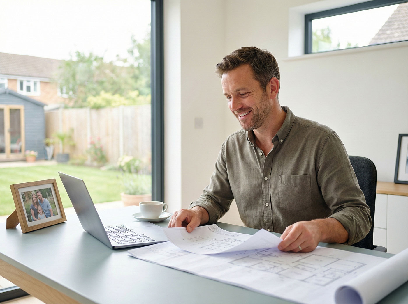 A relaxed professional working at a desk in a stylish, modern home office, symbolizing the career stability and financial foundation provided by income protection.