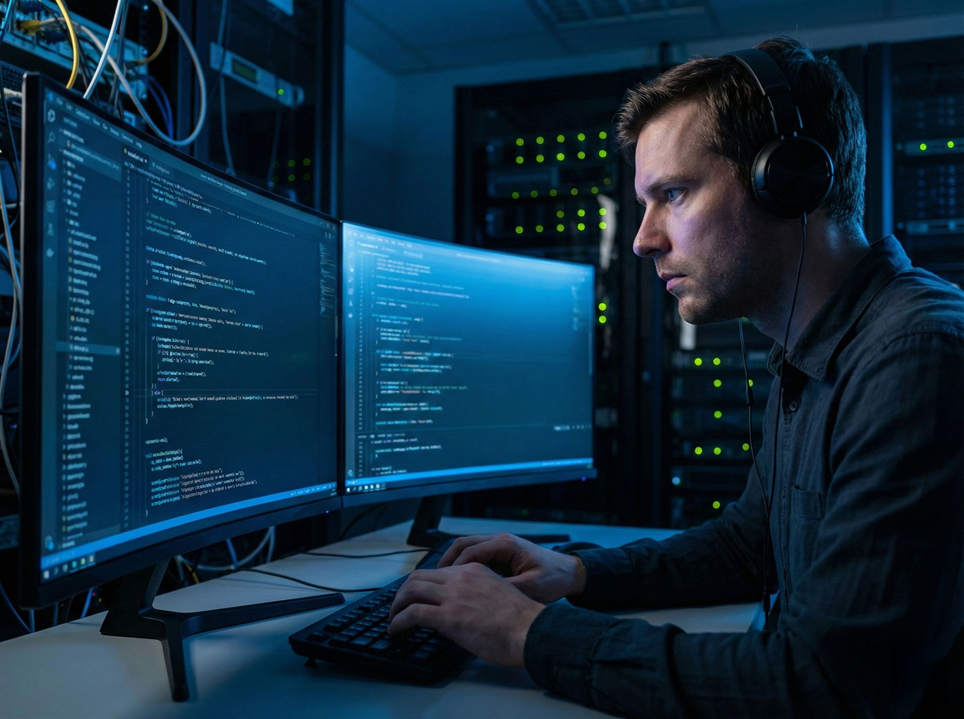 A focused software developer working on complex code across dual monitors, representing the highly skilled critical talent that key person protection safeguards.