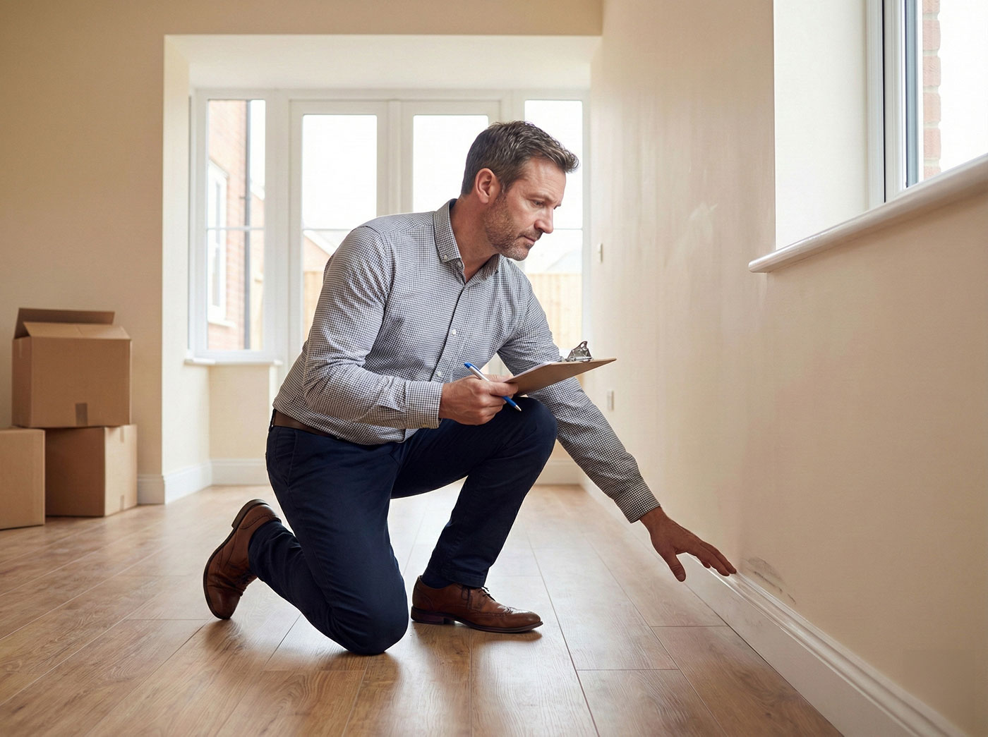 A professional landlord standing in a modern, unfurnished rental property in the UK, symbolizing the management and security of a buy-to-let investment asset.