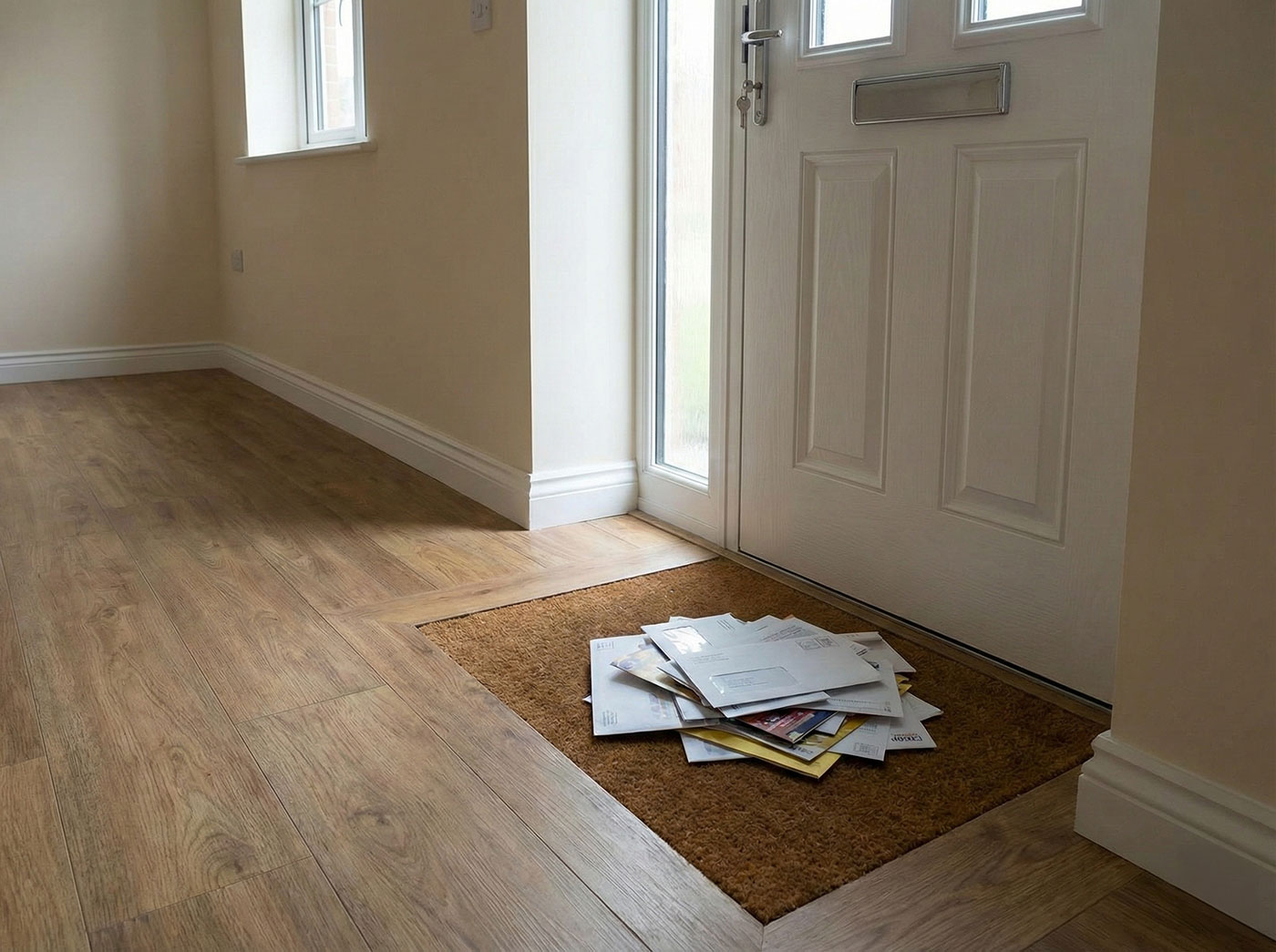 A pile of unopened post gathering on the doormat of an empty rental property, symbolizing the financial risk of void periods and loss of rent for landlords.